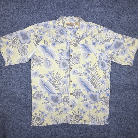 Bobby Chan Other - Bobby Chan Mens XL 100% Silk Floral Jacquard Short Sleeve Camp Shirt Yellow Blue